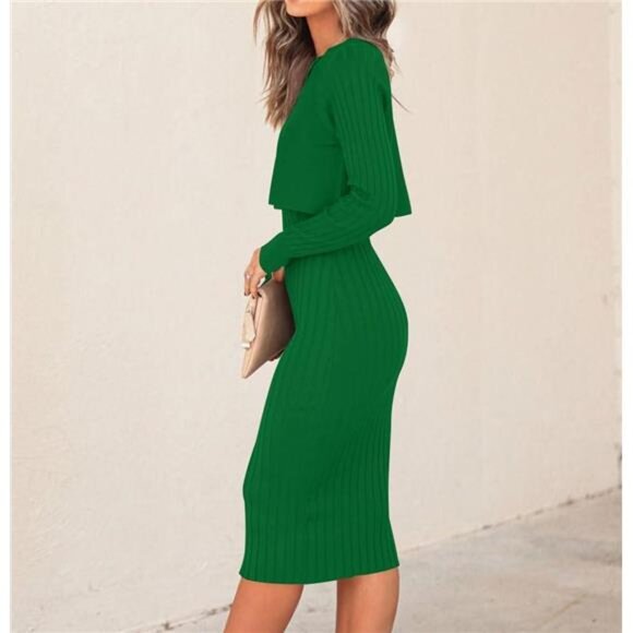 Women's 2 Piece Set Ribbed Knit Bodycon Midi Sweater Dress - Picture 2 of 4